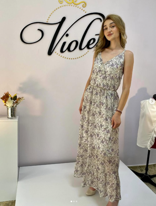 Дълга рокля с презрамки в светлолилави шарки Violet